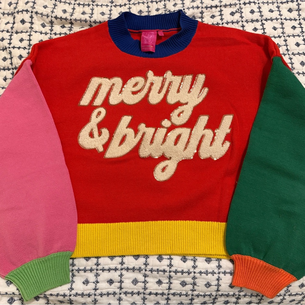 QUEEN OF SPARKLES Red Sweater with Colorful Sleeves